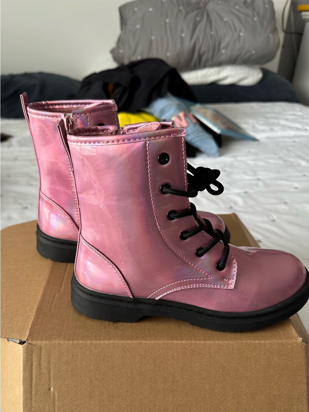 Girls Pink holographic combat boots brand new